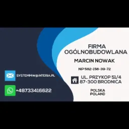 Wizytówka firmy ogólnobudowlanej Marcina Nowaka z adresem, numerem telefonu i adresem e-mail na ciemnym i jasnym tle z niebieskimi elementami graficznymi.