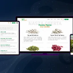 Responsywna strona internetowa firmy Amagro na laptopie, tablecie i smartfonie, prezentująca ofertę skupu i sprzedaży fasoli oraz dyni, z widocznym logo firmy w lewym górnym rogu każdego urządzenia.