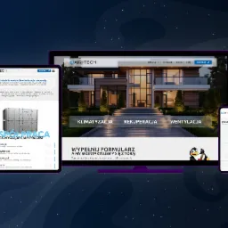 Prezentacja strony internetowej airtechinstal.pl na monitorze, tablecie i smartfonie, ukazująca ofertę klimatyzacji, rekuperacji i wentylacji z nowoczesnym domem w tle.