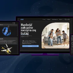 Prezentacja responsywnego sklepu internetowego JMB na monitorze, tablecie i smartfonie, z widokiem na stronę główną z hasłem 'Radość zakupów zaczyna się tutaj' oraz kategorią 'Modele RC'...