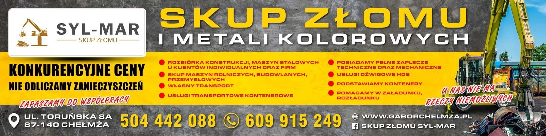 Baner reklamowy firmy zajmującej się skupem złomu i metali kolorowych, z informacjami kontaktowymi, adresem i zakresem usług, w tym rozbiórką konstrukcji stalowych i transportem kontenerowym.