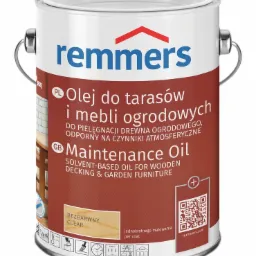 Puszka oleju do tarasów i mebli ogrodowych marki Remmers, bezbarwny, przeznaczony do pielęgnacji drewna ogrodowego, odporny na czynniki atmosferyczne, z kodem QR i informacją o jednokrotnym malowaniu.