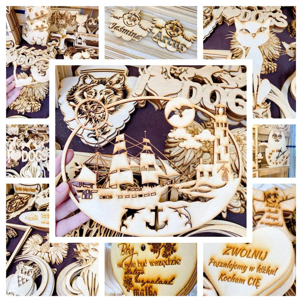 Ręcznie robione, drewniane ozdoby i upominki, w tym żaglowiec z latarnią morską Gdańska, aniołki z imionami, koty i serca z grawerowanymi dedykacjami.