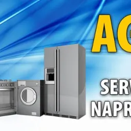 Grafika reklamowa przedstawiająca sprzęt AGD (lodówki, piekarnik, pralka) z napisem 'AGD Serwis Naprawa' na niebieskim tle.