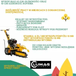 Żółta koparka łańcuchowa Lumag GF-800 prezentowana na grafice reklamowej, idealna do wykopów pod systemy nawadniania, przyłącza domowe, drenaż, fundamenty pod płot i przewody, z informacją o stawce...