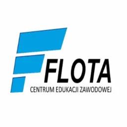 Logo firmy FLOTA Centrum Edukacji Zawodowej z trzema niebieskimi elementami graficznymi po lewej stronie i czarnym tekstem na białym tle.