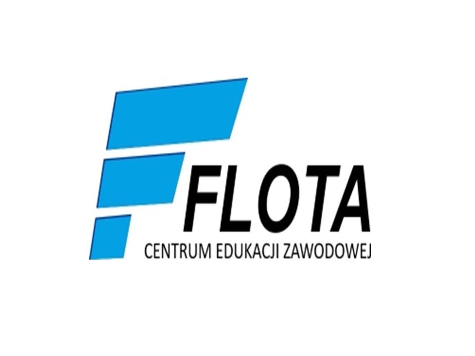 Logo firmy FLOTA Centrum Edukacji Zawodowej z trzema niebieskimi elementami graficznymi po lewej stronie i czarnym tekstem na białym tle.