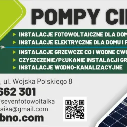 Grafika reklamowa firmy Fotowoltaika Seven z Dębna, prezentująca pompę ciepła i panele fotowoltaiczne oraz zakres usług: instalacje fotowoltaiczne, elektryczne, grzewcze CO i wodne CWU, czyszczenie...