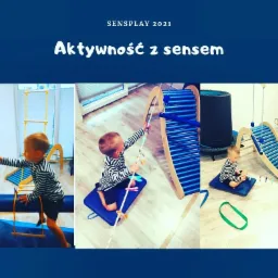 Chłopiec w pasiastym ubraniu ćwiczy na sensorycznym torze przeszkód z drewnianymi elementami i kolorowymi klamerkami, wspierając rozwój integracji sensorycznej.