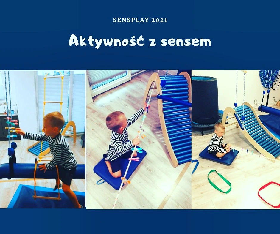 Chłopiec w pasiastym ubraniu ćwiczy na sensorycznym torze przeszkód z drewnianymi elementami i kolorowymi klamerkami, wspierając rozwój integracji sensorycznej.