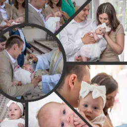 Mozaika zdjęć z uroczystości chrztu: rodzice trzymający niemowlę w białej sukience i z kokardą, ksiądz polewający główkę dziecka wodą święconą, portret leżącego dziecka z palcem w buzi.