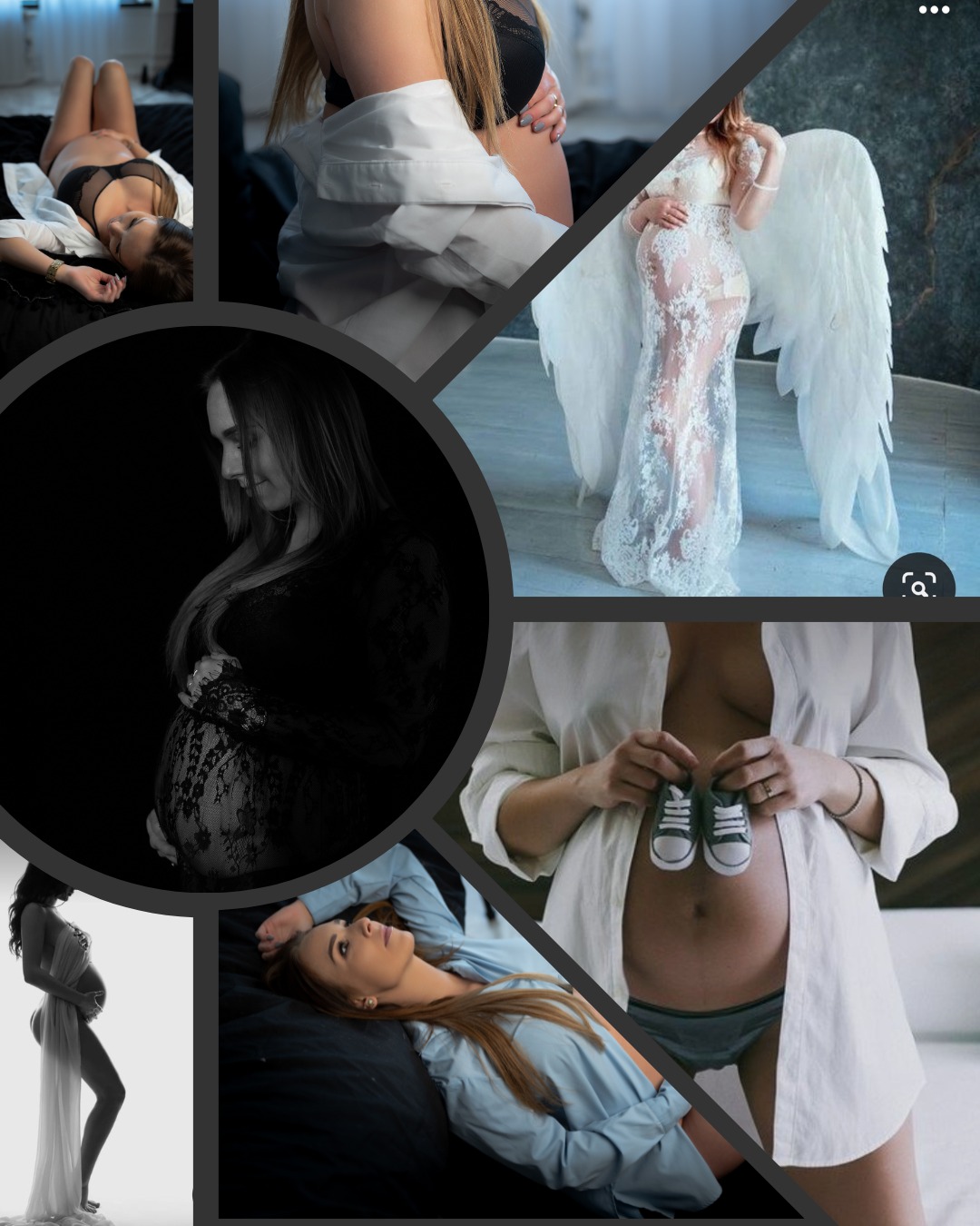 Kolaż zdjęć przedstawiających kobiety w ciąży w różnych stylizacjach i pozach: leżąca na łóżku w bieliźnie i koszuli, trzymająca małe buciki, w koronkowej sukni z anielskimi skrzydłami,...