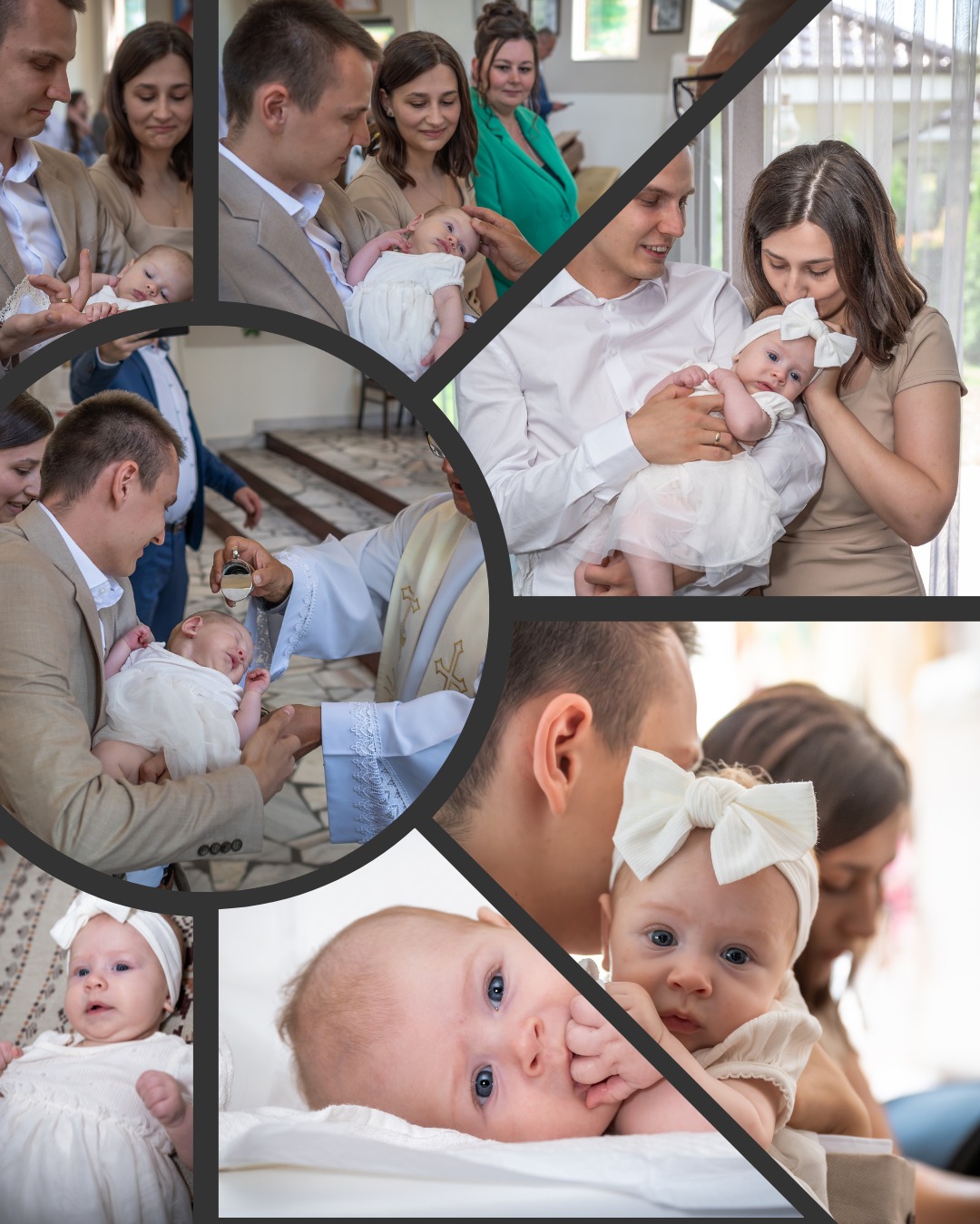 Mozaika zdjęć z uroczystości chrztu: rodzice trzymający niemowlę w białej sukience i z kokardą, ksiądz polewający główkę dziecka wodą święconą, portret leżącego dziecka z palcem w buzi.