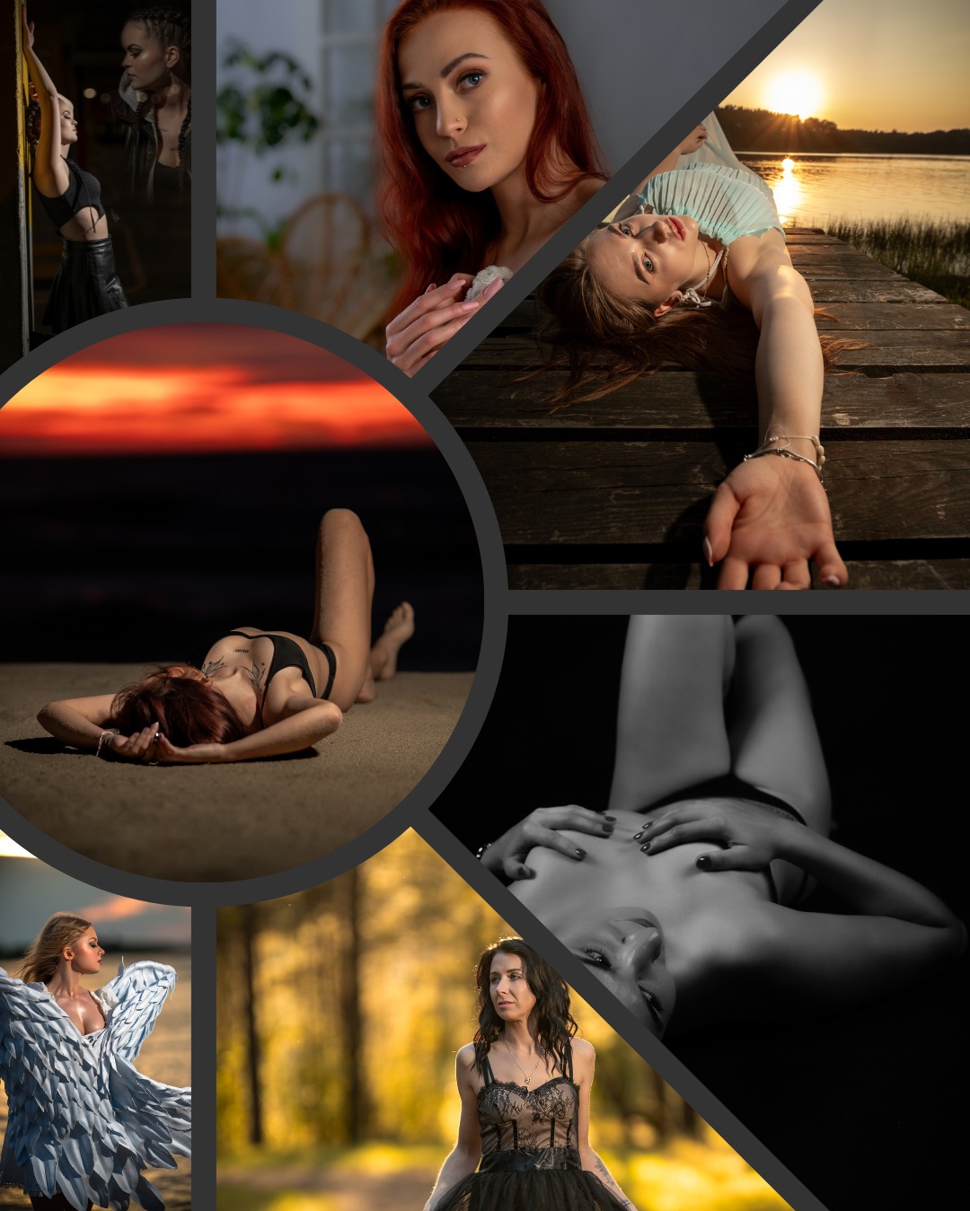 Mozaika zdjęć portretowych kobiet w różnych pozach, stylizacjach i sceneriach, od sesji na pomoście o zachodzie słońca po czarno-białe ujęcia w studio.