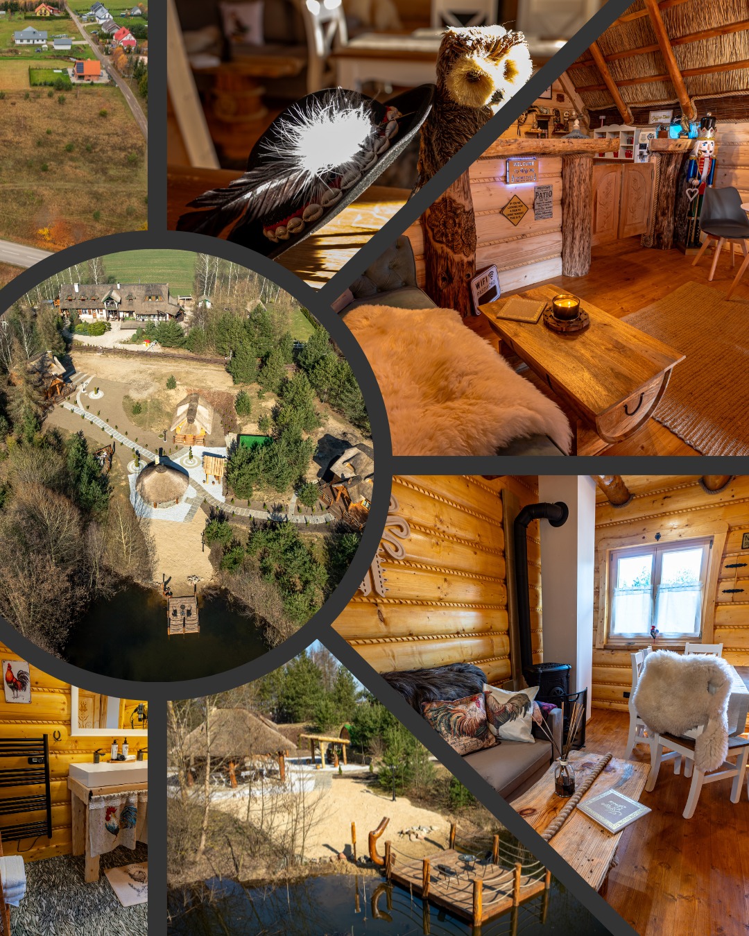 Kolaż zdjęć przedstawiający wnętrza i otoczenie drewnianego domu z elementami rustykalnymi i regionalnymi, w tym widok z lotu ptaka na budynek z trzcinowym dachem i pomostem nad jeziorem, detale...