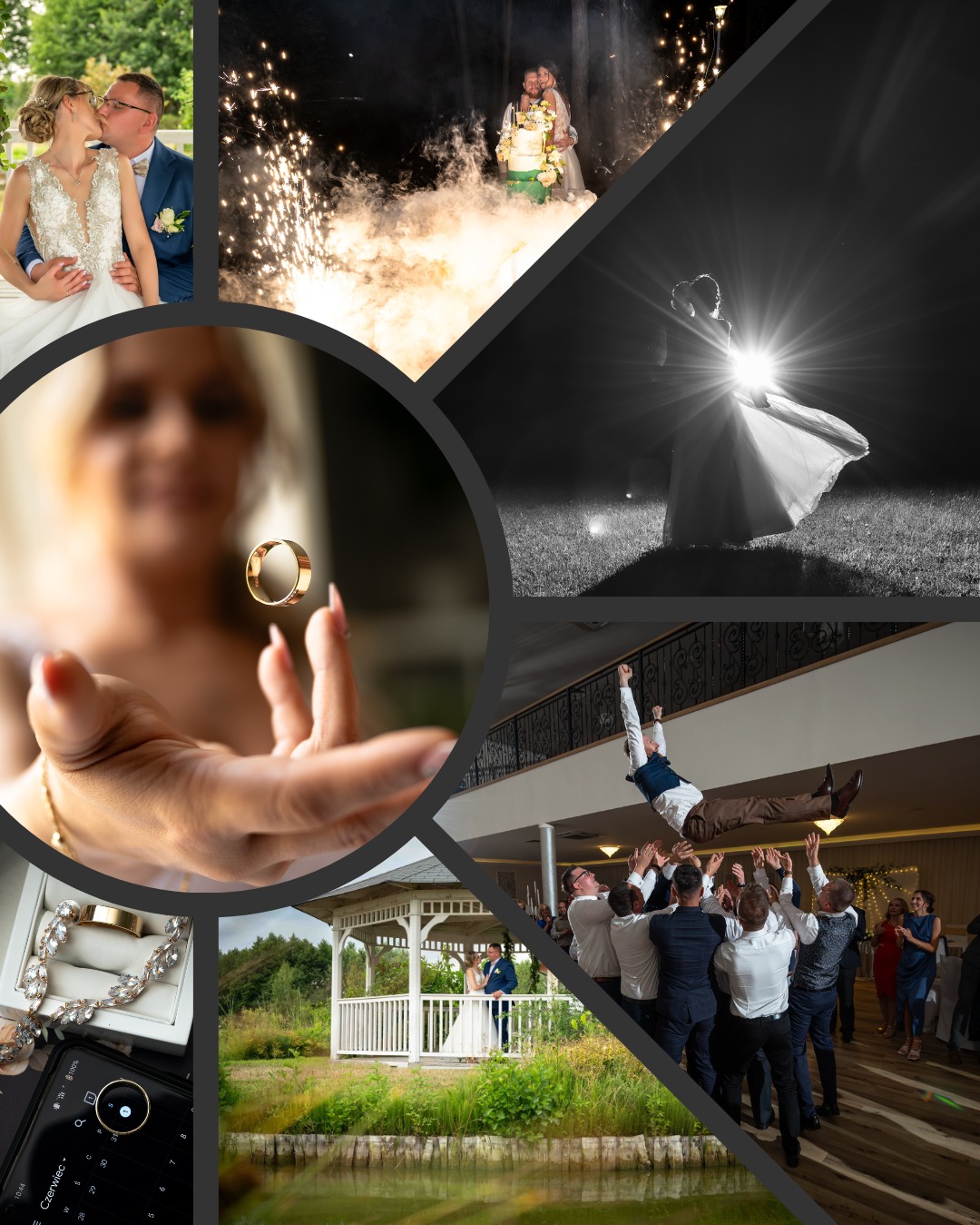 Kolaż zdjęć ślubnych z Gdańska: unoszący się pierścionek, pocałunek pary młodej, tort z fajerwerkami, taniec w nocy, podrzucanie pana młodego.