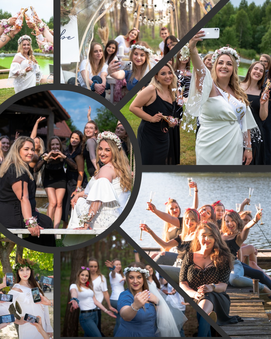 Kolaż zdjęć z wieczoru panieńskiego: przyszła panna młoda w białej sukni i wianku oraz jej przyjaciółki w różnych sytuacjach, m.in. toasty szampanem, selfie i pozowanie na pomoście nad jeziorem.