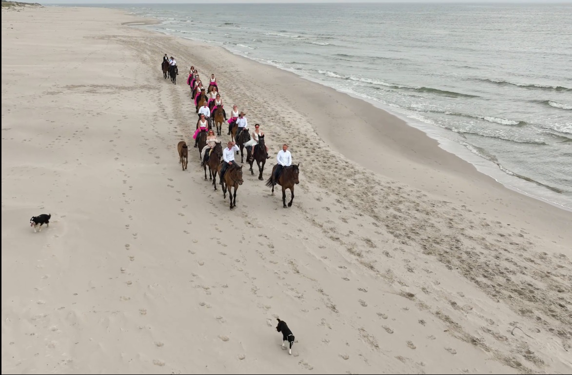 Konie i jeźdźcy w białych koszulach i różowych szarfach na plaży w Gdańsku. Ujęcie z lotu ptaka, w tle morze i dwa psy.