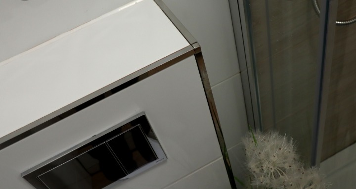 Biała zabudowa toalety podtynkowej z chromowanymi krawędziami i przyciskiem spłukującym, widoczna obok kabina prysznicowa i dekoracja z dmuchawców.