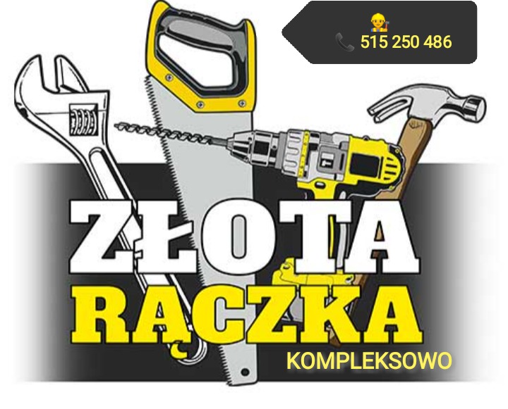Grafika z narzędziami: klucz nastawny, piła ręczna, wiertarko-wkrętarka i młotek, oraz napisem 'Złota Rączka Kompleksowo' i numerem telefonu.