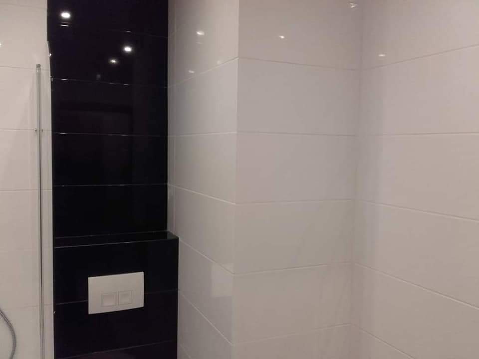 Nowoczesna łazienka z białymi, poziomymi płytkami i pionowym pasem czarnych, błyszczących płytek, z widocznym panelem sterowania spłuczką.