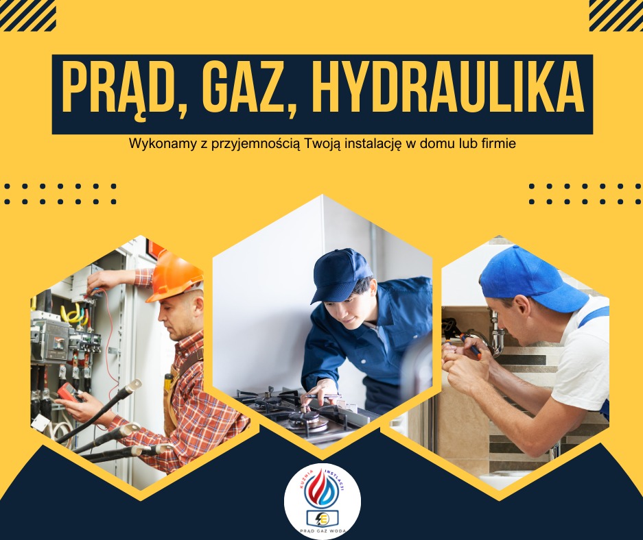 Grafika reklamowa: instalacje prądu, gazu i hydrauliki. Elektryk mierzy napięcie, monter instaluje kuchenkę gazową, hydraulik naprawia kran. Oferta dla domu i firmy.