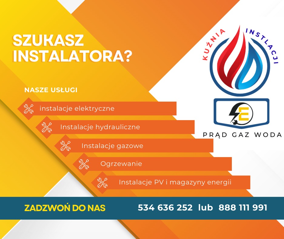 Grafika reklamowa firmy instalacyjnej 'Kuźnia Instalacji' z ofertą: instalacje elektryczne, hydrauliczne, gazowe, ogrzewanie, instalacje PV i magazyny energii. Kontakt telefoniczny.