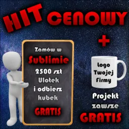 Promocja: zamów 2500 sztuk i odbierz kubek z logo firmy gratis. Grafika reklamowa na tle kosmosu.
