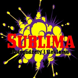 Grafika z napisem SUBLIMA Fotogadżety i Reklama na czarnym tle z fioletowo-żółtymi elementami przypominającymi wybuch.