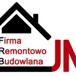 Logo firmy remontowo-budowlanej JM z ikoną domu w kolorach czerni i czerwieni na białym tle.