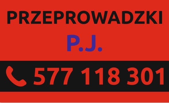 Czerwono-czarny szyld z napisem 'PRZEPROWADZKI P.J.' i numerem telefonu 577 118 301, z ikoną słuchawki.