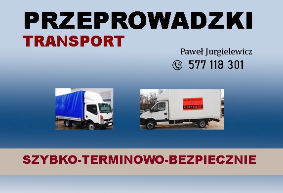 Grafika reklamowa firmy transportowej: dwa białe samochody dostawcze na tle gradientu niebieskiego, z nagłówkiem 'Przeprowadzki Transport', danymi kontaktowymi i hasłem 'Szybko-Terminowo-Bezpiecznie'.