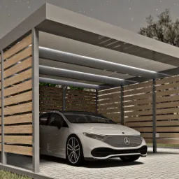 Nowoczesna wiata garażowa z drewnianymi panelami, oświetleniem LED i zaparkowanym białym samochodem elektrycznym na tle nocnego nieba.