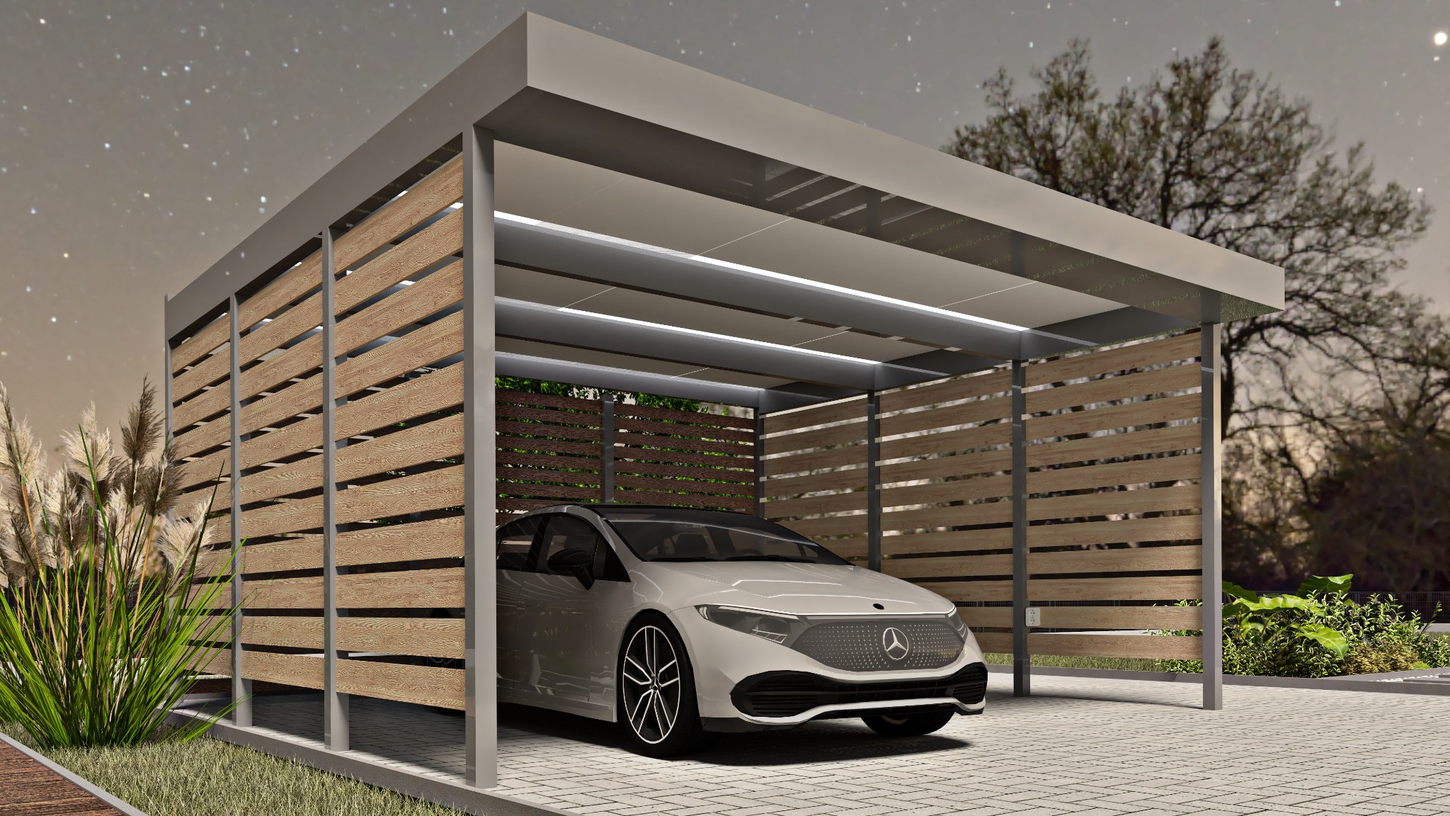 Nowoczesna wiata garażowa z drewnianymi panelami, oświetleniem LED i zaparkowanym białym samochodem elektrycznym na tle nocnego nieba.