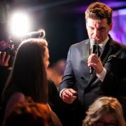 Mężczyzna w garniturze przemawia do mikrofonu, w tle osoba filmująca kamerą z oświetleniem, publiczność i dekoracje sceniczne.