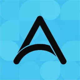 Czarny graficzny znak w kształcie litery A z łukiem u dołu na jasnoniebieskim tle z delikatnym wzorem kół i kwadratów.