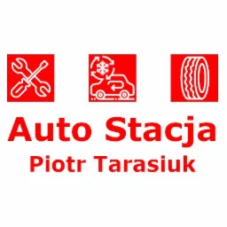 Logo Auto Stacja Piotr Tarasiuk z ikonami klucza, samochodu z płatkiem śniegu i opony na czerwonym tle.