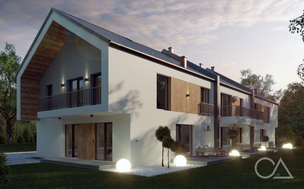 Nowoczesny dom z drewnianymi akcentami i balkonami, oświetlony kulistymi lampami, otoczony zielenią. Widok z perspektywy ogrodu, podkreślający architekturę budynku.