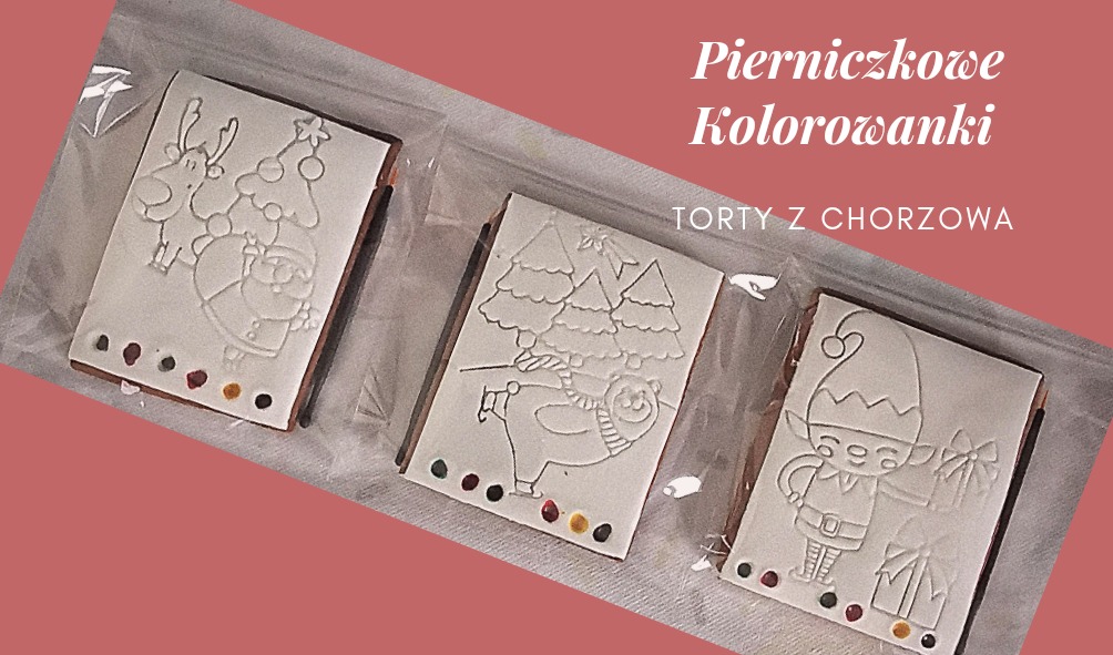 Trzy piernikowe kolorowanki w przezroczystych opakowaniach: renifer z choinką i Świętym Mikołajem, niedźwiedź z choinkami, elf z prezentami, każdy z paletą kolorowych lukrów u dołu.