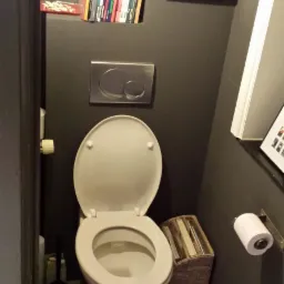 Toaleta z otwartą deską w łazience z ciemnymi płytkami, półką na książki i koszem na gazety.