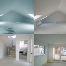 Czteropanelowe zdjęcie przedstawiające remontowane poddasze z oknami dachowymi, surową łazienkę z białą armaturą, schody z metalową balustradą oraz pokój z oknem i drzwiami balkonowymi, wszystko...