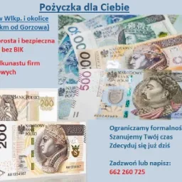 Banknoty polskie o nominałach 100, 200 i 500 zł, ułożone warstwami, z hasłami reklamowymi oferty pożyczkowej i danymi kontaktowymi.