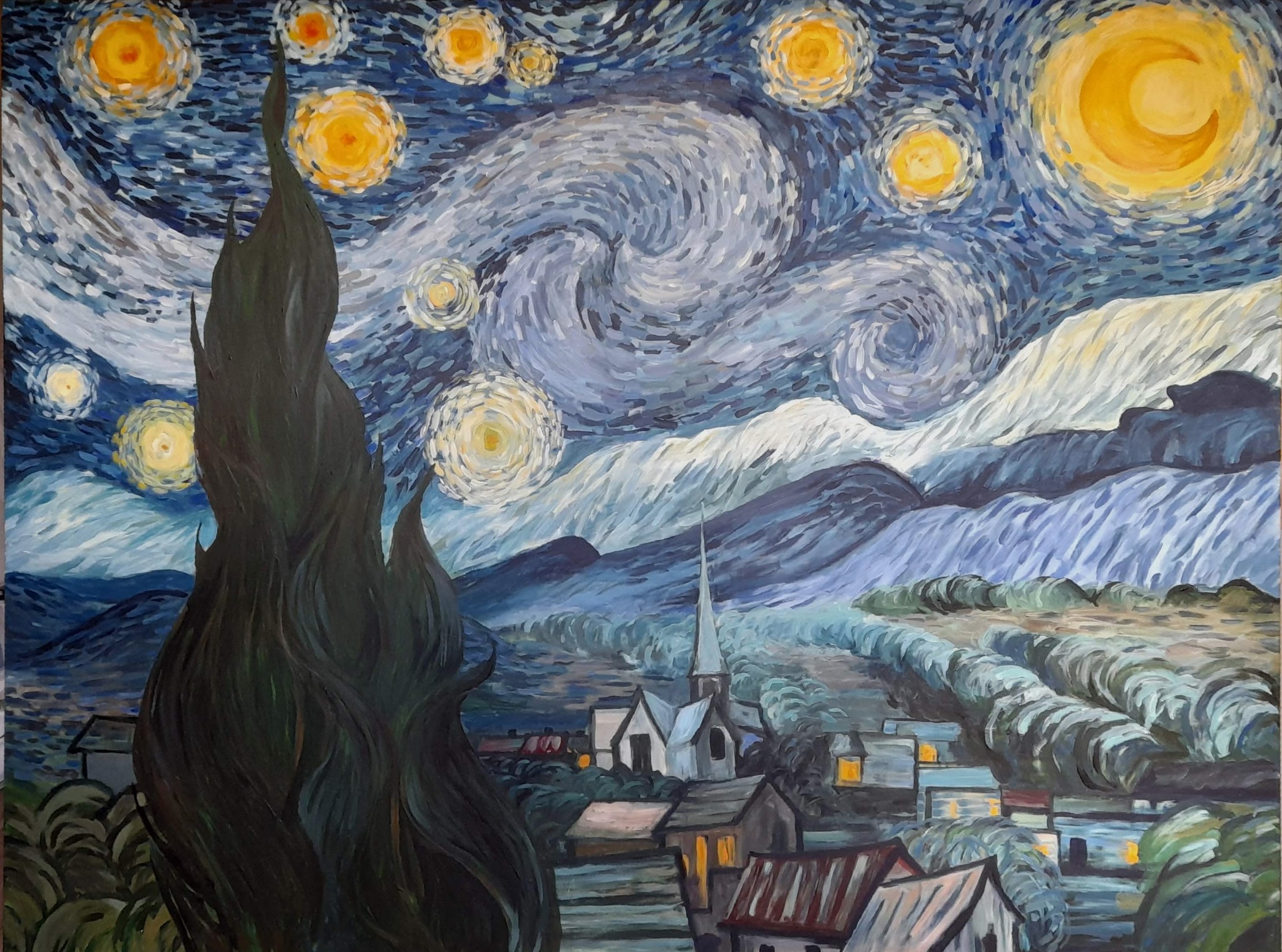 Kopia 'Gwieździsta noc' Vincenta Van Gogha Technika: akryl a płótnie Format 2x1.6m