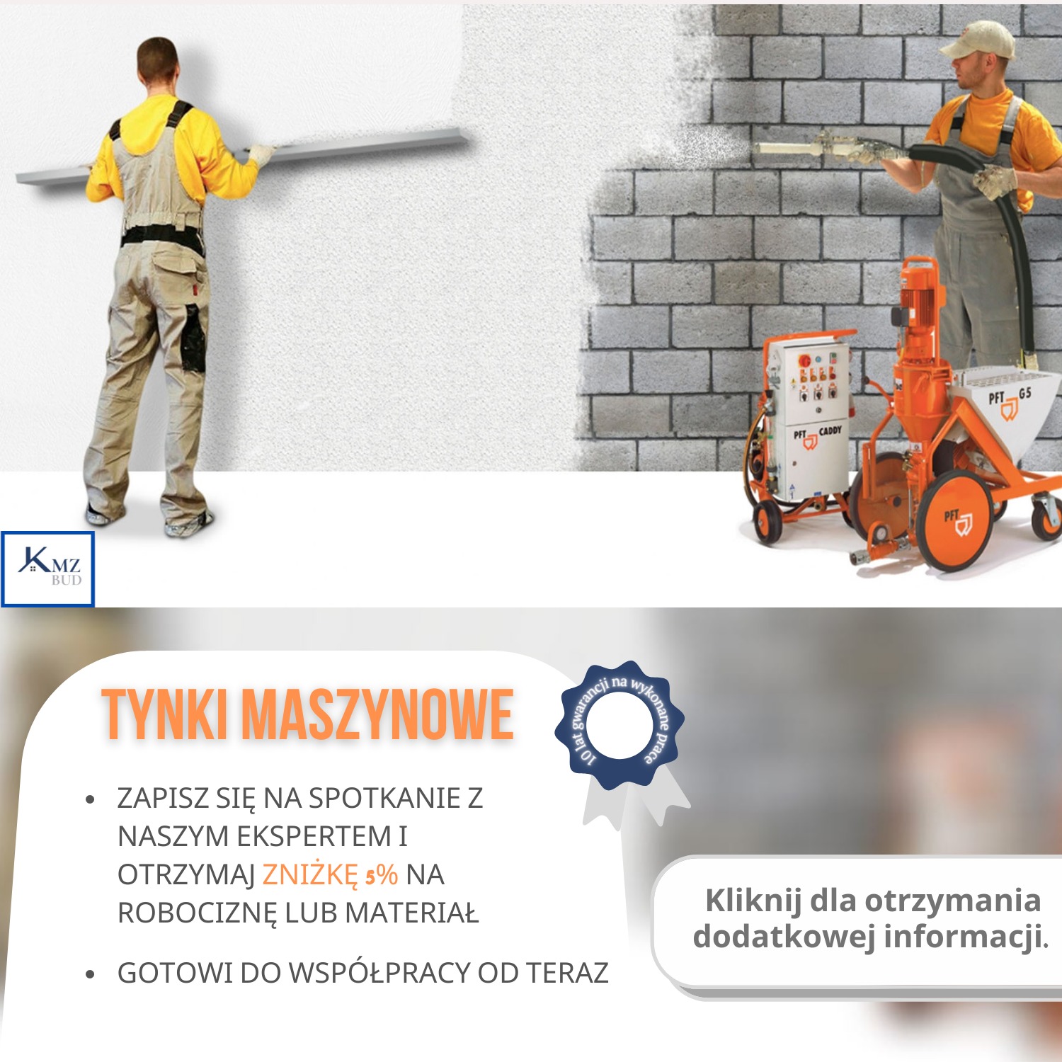 Tynkowanie maszynowe ścian w Ivano-Frankivsk: pracownik wyrównuje świeżo nałożony tynk, drugi nakłada tynk maszynowo przy użyciu agregatu tynkarskiego PFT CADDY.