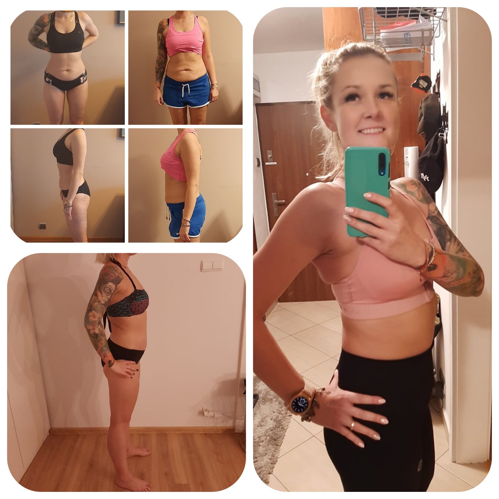 Kobieta robi selfie, prezentując efekty metamorfozy sylwetki: kolaż zdjęć 'przed' i aktualne ujęcie w sportowym stroju, widoczny tatuaż na ramieniu i inteligentny zegarek.