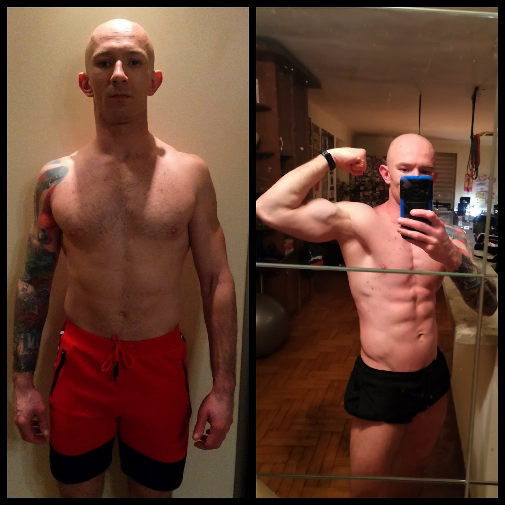 Mężczyzna prezentuje metamorfozę sylwetki: po lewej stronie zdjęcie przed, po prawej po treningach, widoczne mięśnie brzucha i biceps, z tatuażem na ramieniu, robiący selfie w lustrze.