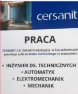 Ogłoszenie o pracę w Cersanit S.A. Zakład Produkcyjny w Starachowicach, poszukujący inżynierów ds. technicznych, automatyków, elektromechaników i mechaników.
