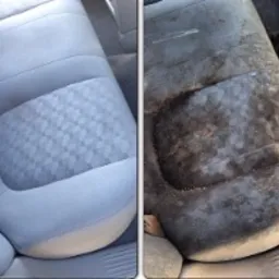 Porównanie: tapicerka fotela samochodowego przed i po czyszczeniu. Po lewej stronie jasnoszara, czysta tapicerka z delikatnym wzorem, po prawej silnie zabrudzona, ciemna tapicerka z widocznymi...