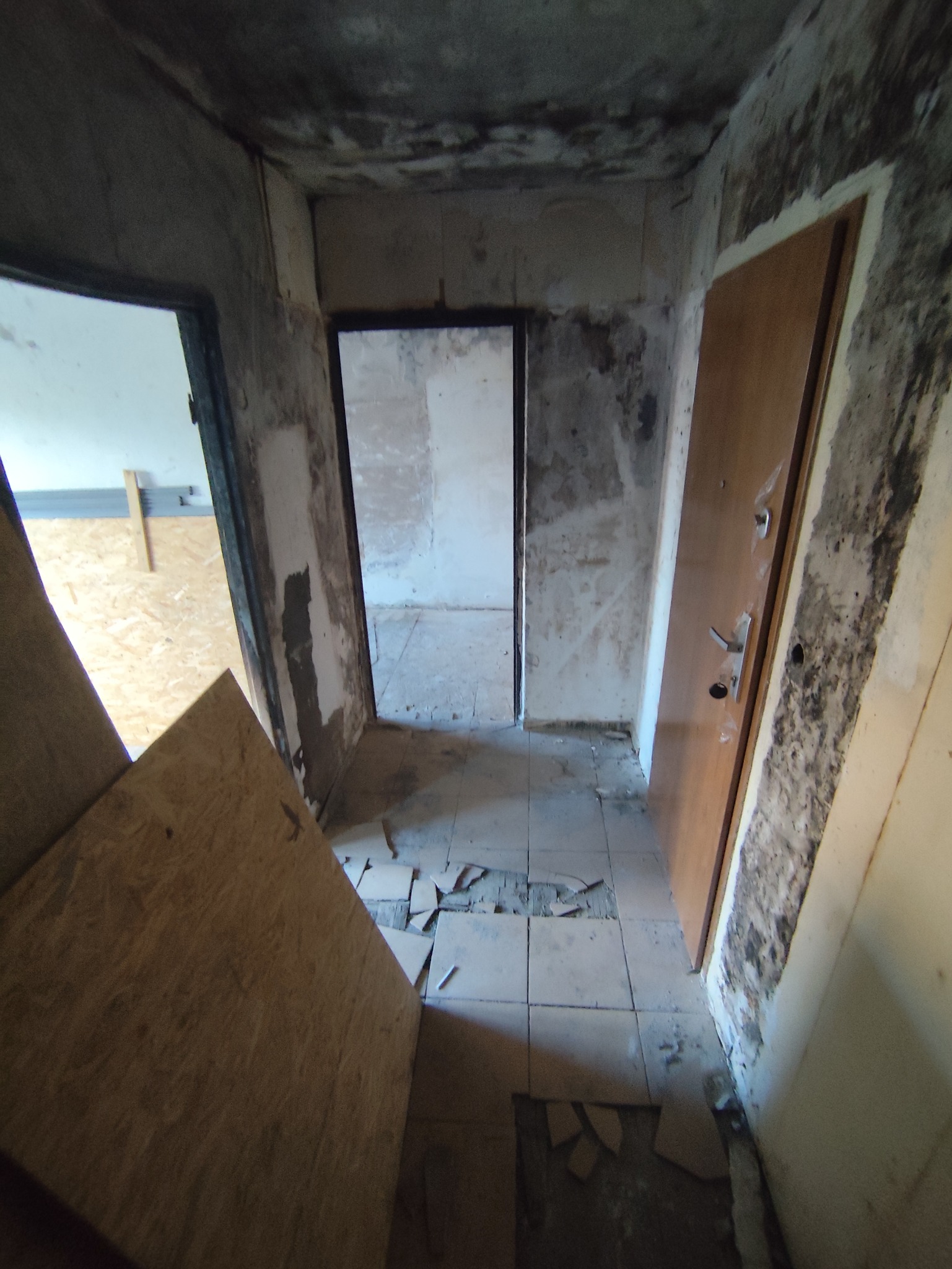 Korytarz w trakcie demontażu: zerwane płytki, ślady wilgoci na ścianach, widoczne płyty OSB. Przygotowanie do remontu, widok na kolejne pomieszczenia.