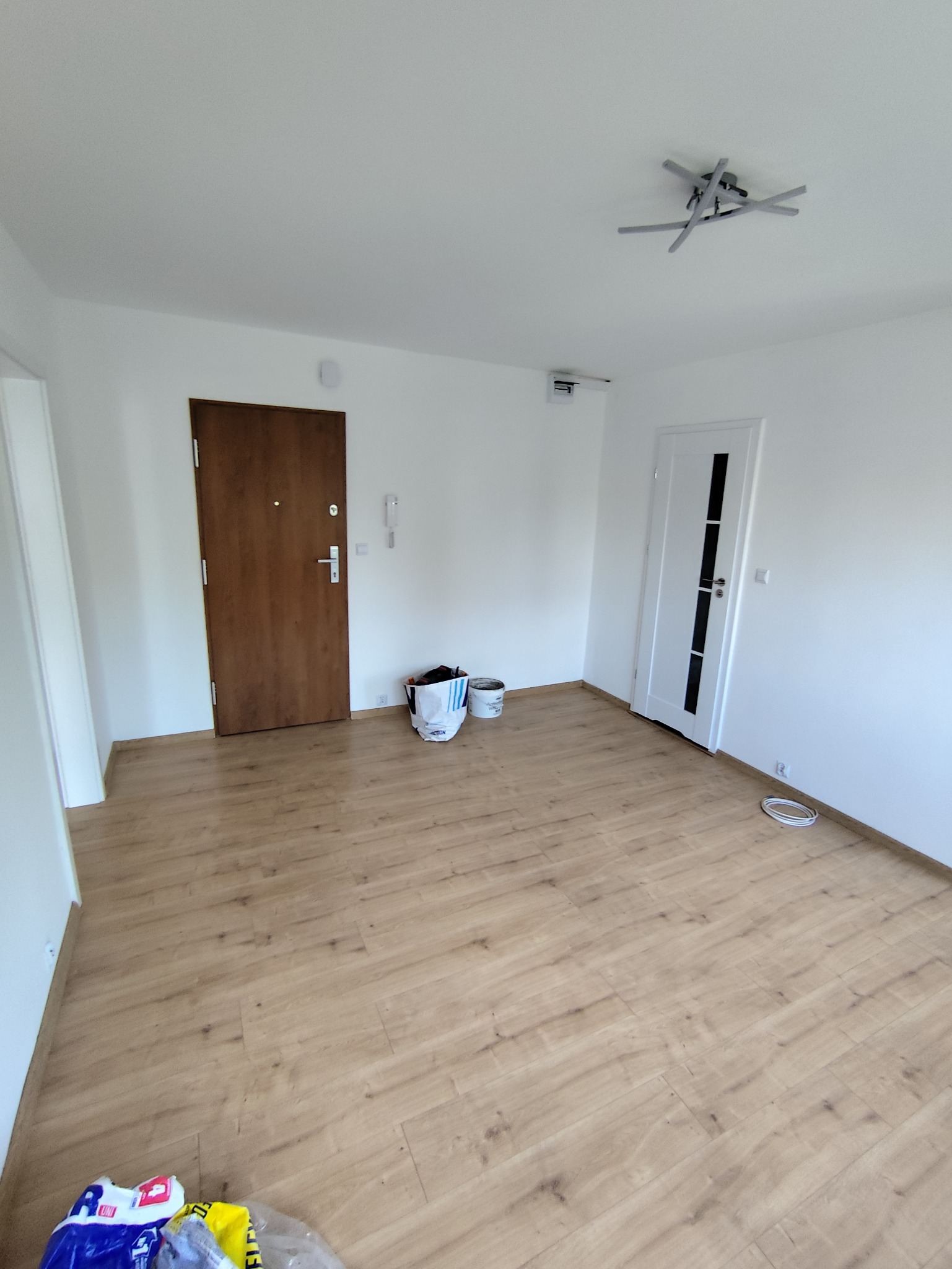 Jasne, przestronne wnętrze po remoncie z panelami podłogowymi, białymi ścianami i dwiema parami drzwi. Widoczne akcesoria malarskie.